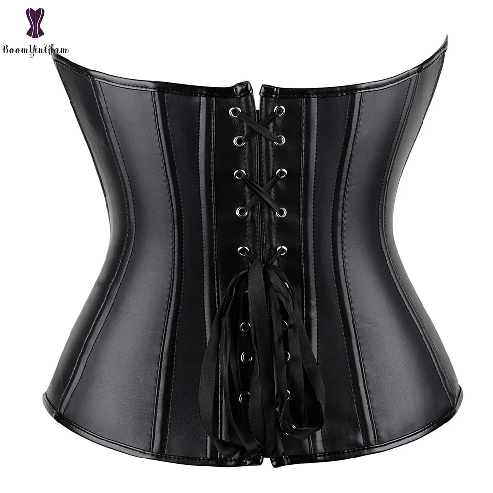 Punk Style Sexy Women's Plus Size Faux Leather Bustier Lace Up Boned Corset Top With G String 813#