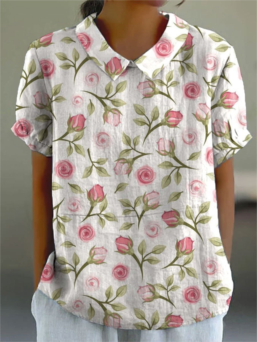 Women's Floral  Print Casual Cotton And Linen Shirt