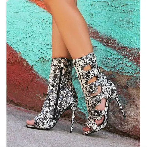 GOOSHOE Mixed Color Hasp Peep-toe Zipper Stiletto High Heel Ankle Boot Sandals