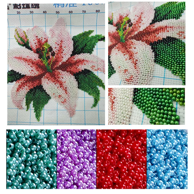 Partially beaded cross stitch picture kit floral pattern, Large Bead hotsell embroidery kit lily flowers