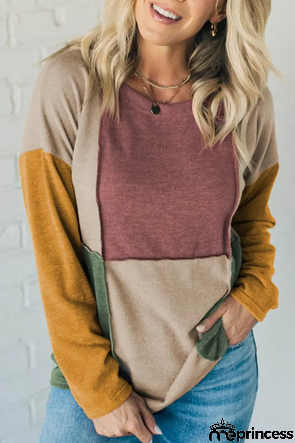 Light French Beige Exposed Seam Colorblock Knit Long Sleeve Top