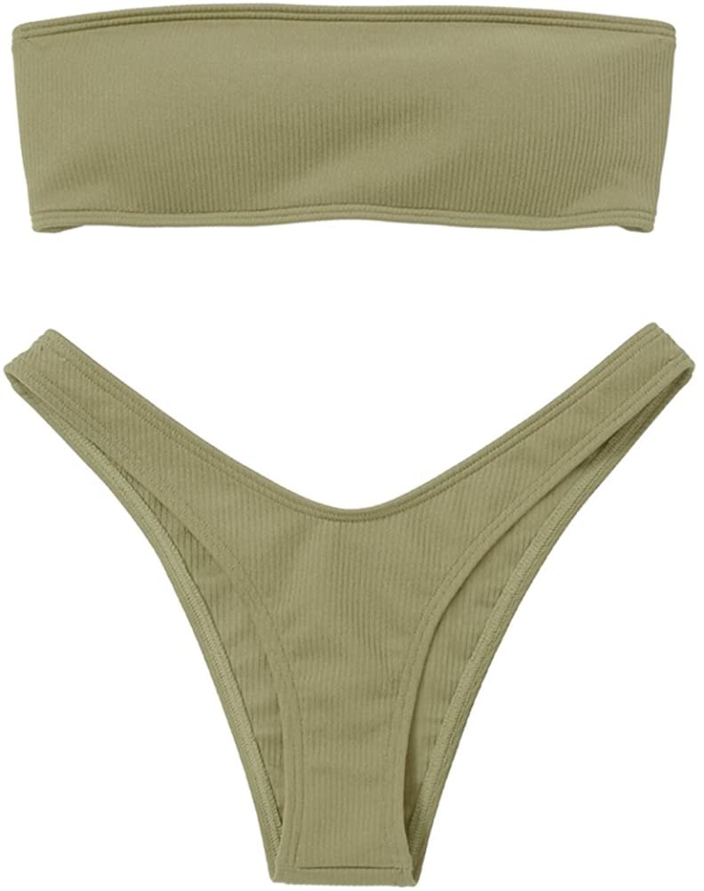 Women Strapless Ribbed High Cut Bandeau Bikini Set