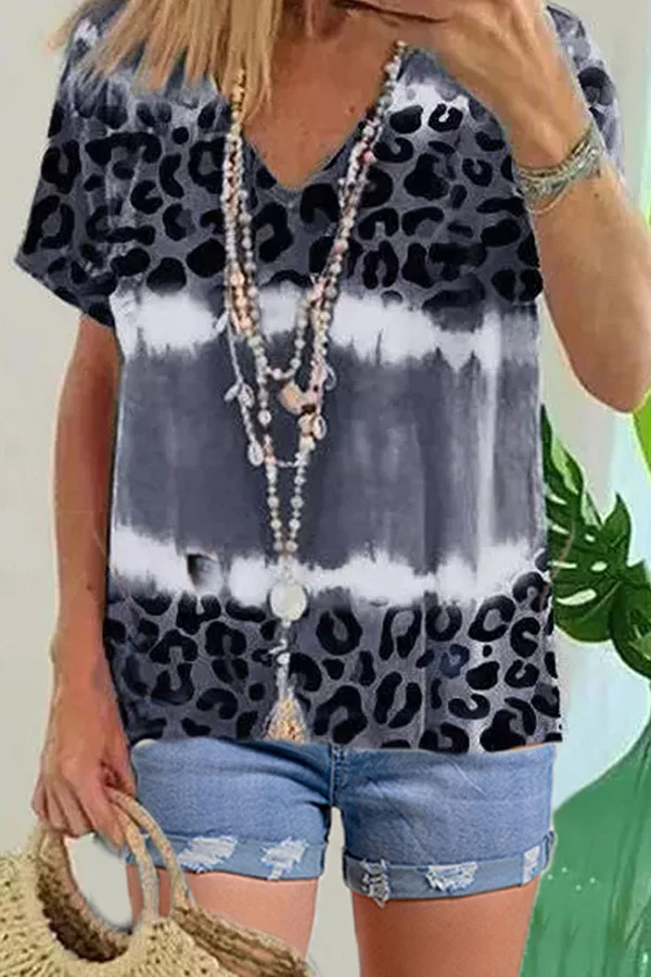 Leopard Tie-Dye Print V-Neck T-Shirt