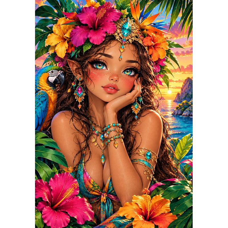 Jesbrilli Collaboration |Tropical Beauty Fantasy– Full Drill with AB & Fairy Dust Detail Highlights – Full Round/Square Diamond Painting (Velvet Cloth)