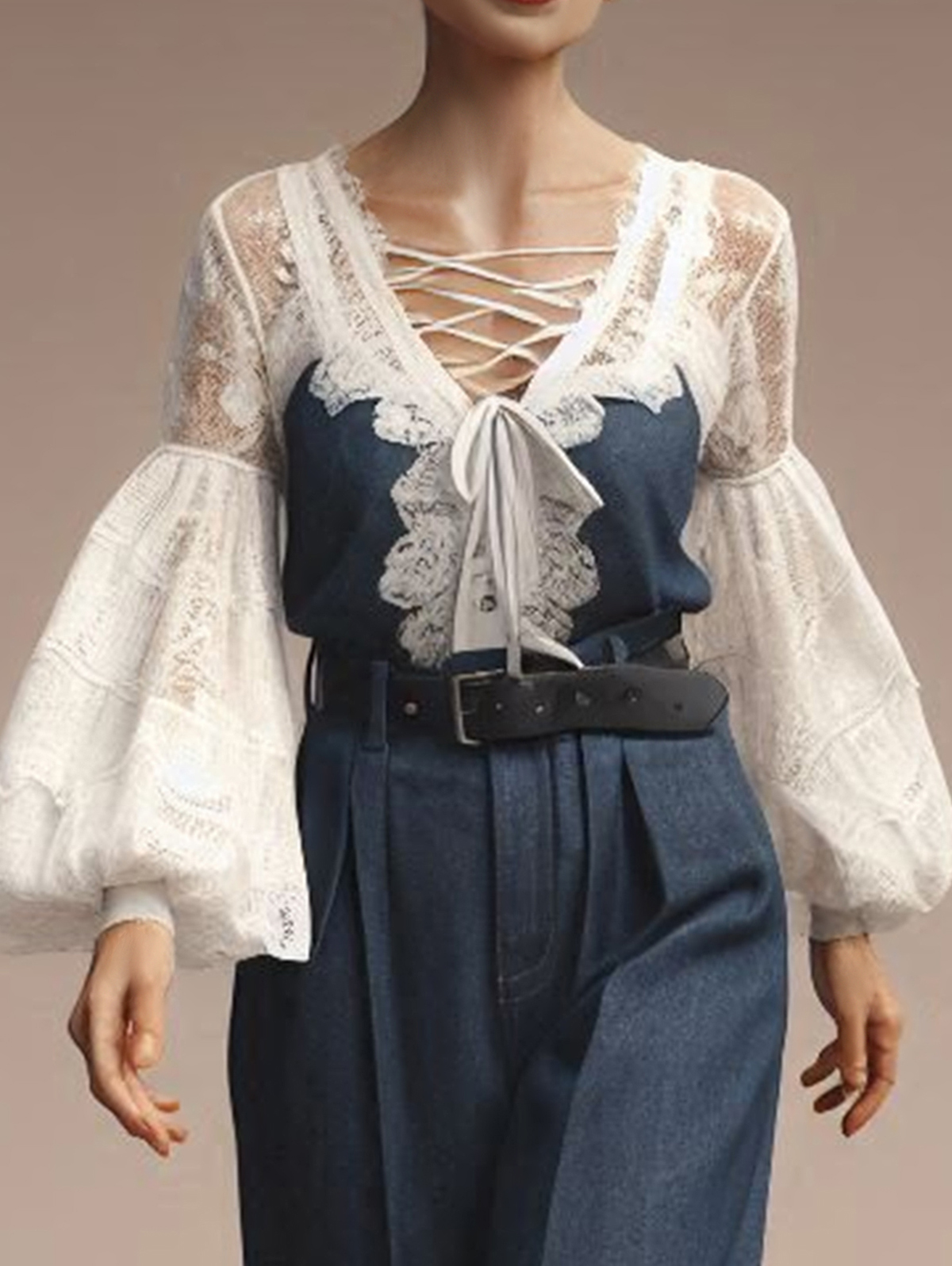 Ursime Denim V Neck Strappy Lace Lantern Sleeve Blouse