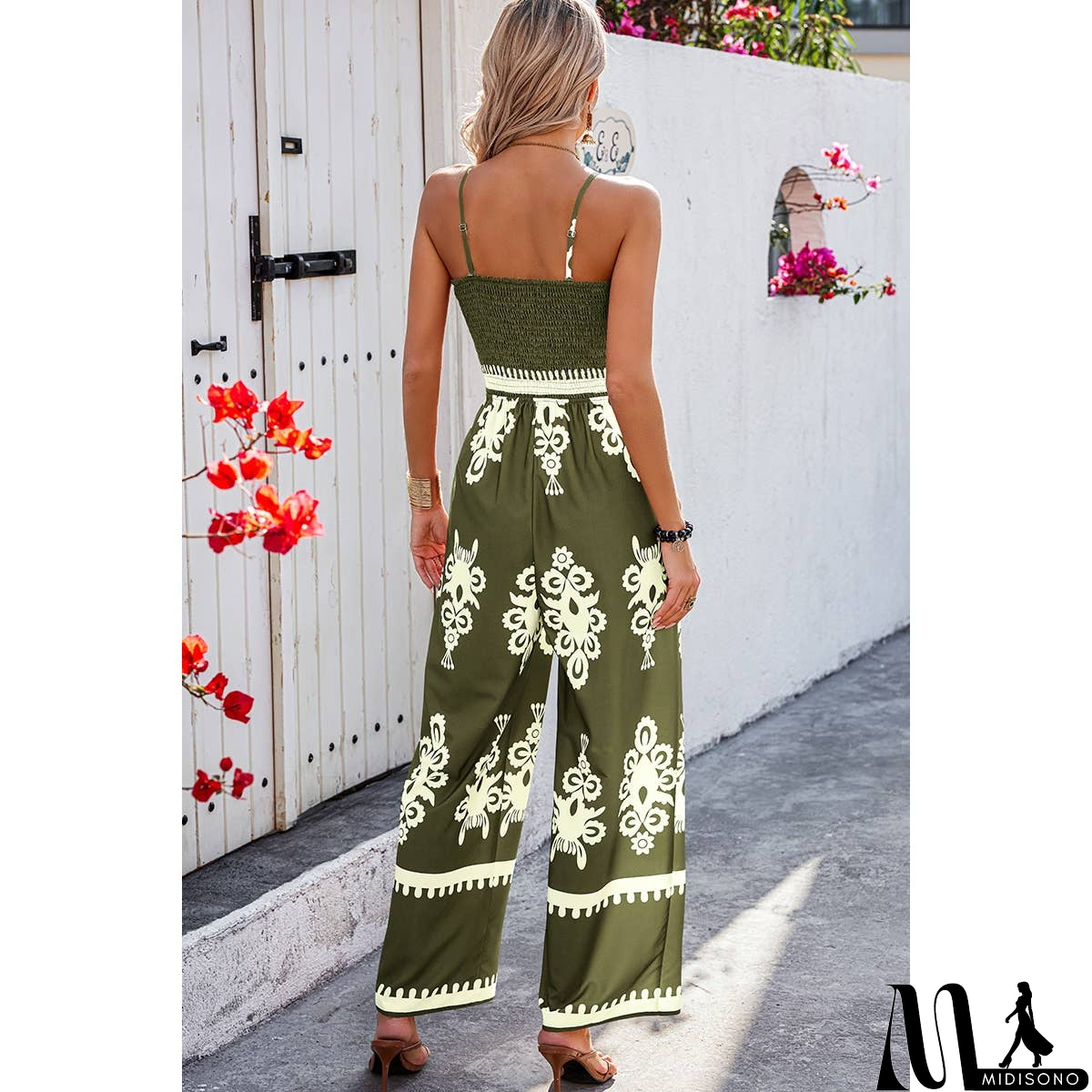 MidiSono - Off Shoulder Ruched Printed High Waist Jumpsuit