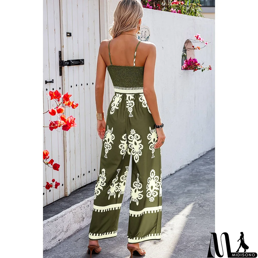 MidiSono - Off Shoulder Ruched Printed High Waist Jumpsuit