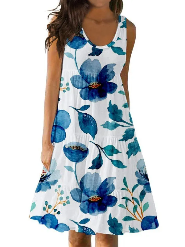 Women's Casual U-neck Sleeveless Printed Loose Patchwork Dress