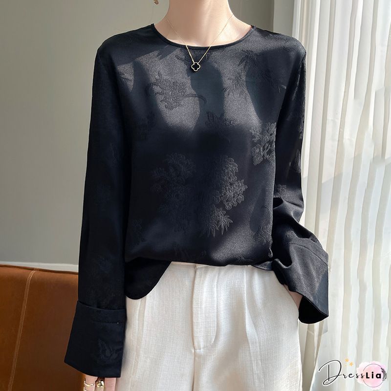 Jacquard Beige V Neck Button Patchwork Silk Top Long Sleeve