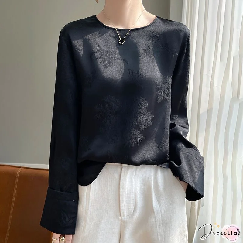 Jacquard Beige V Neck Button Patchwork Silk Top Long Sleeve