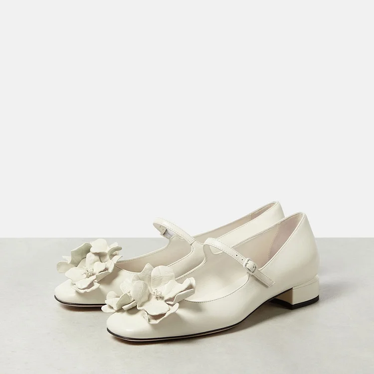 Women's White Square Toe Floral Low Block Heel Mary Jane Pumps |FSJ Shoes