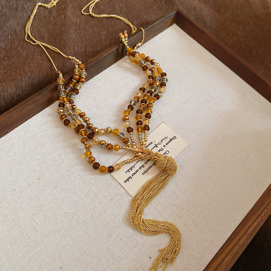 Ethnic style crystal beaded tassel necklace retro and elegant versatile sweater chain light luxury high-end necklace for women