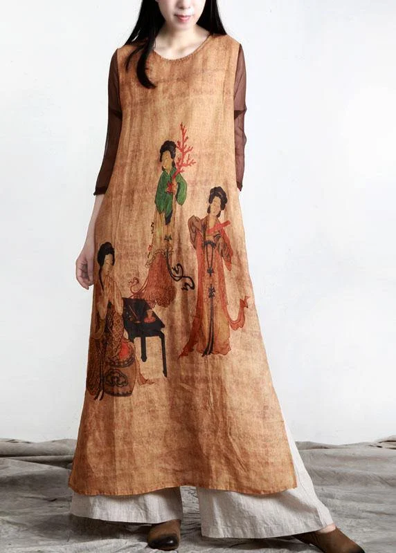 Unique Print O-Neck Linen side open Summer Party Dress