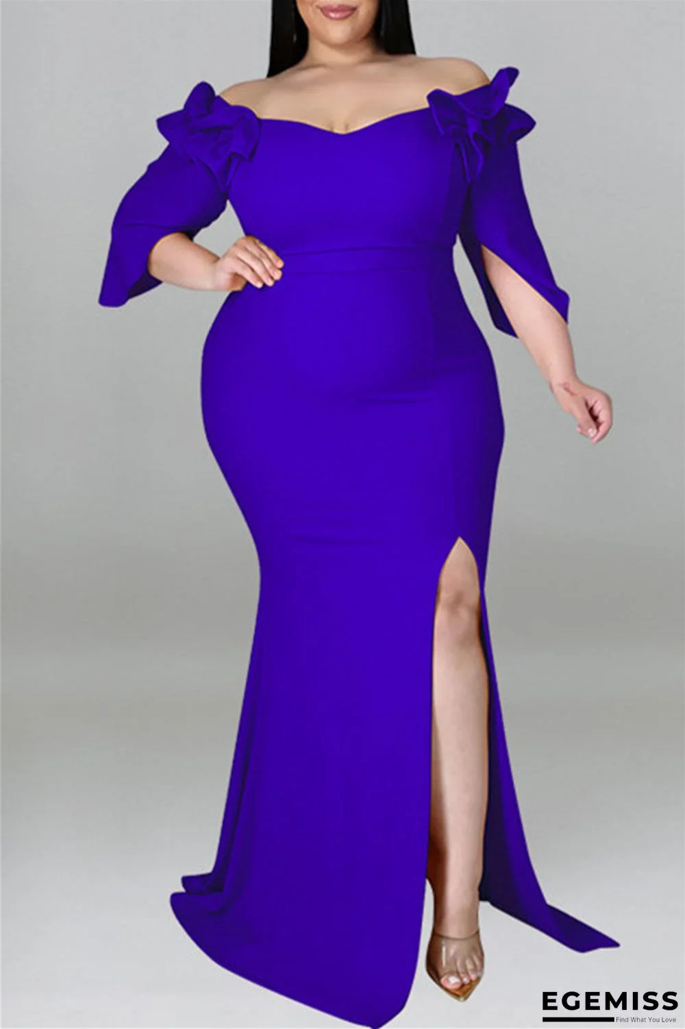 Blue Fashion Sexy Plus Size Solid Patchwork Slit Off the Shoulder Evening Dress | EGEMISS