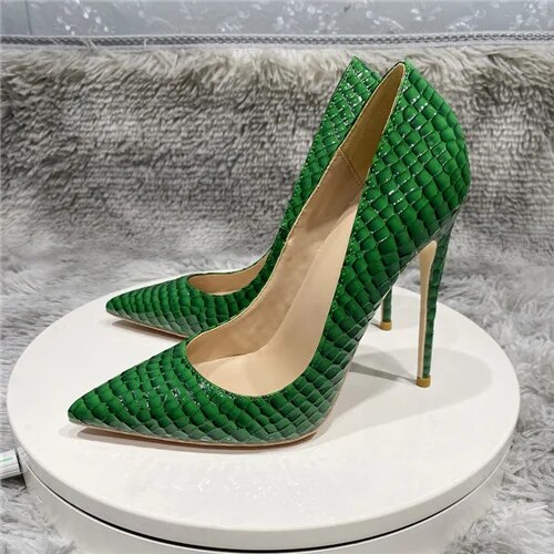 VCshoes Women Green Snake Pattern Shoes Pointed Toe 12cm 10cm 8cm Thin High Heels Big Size Concise Advanced Pumps QP137