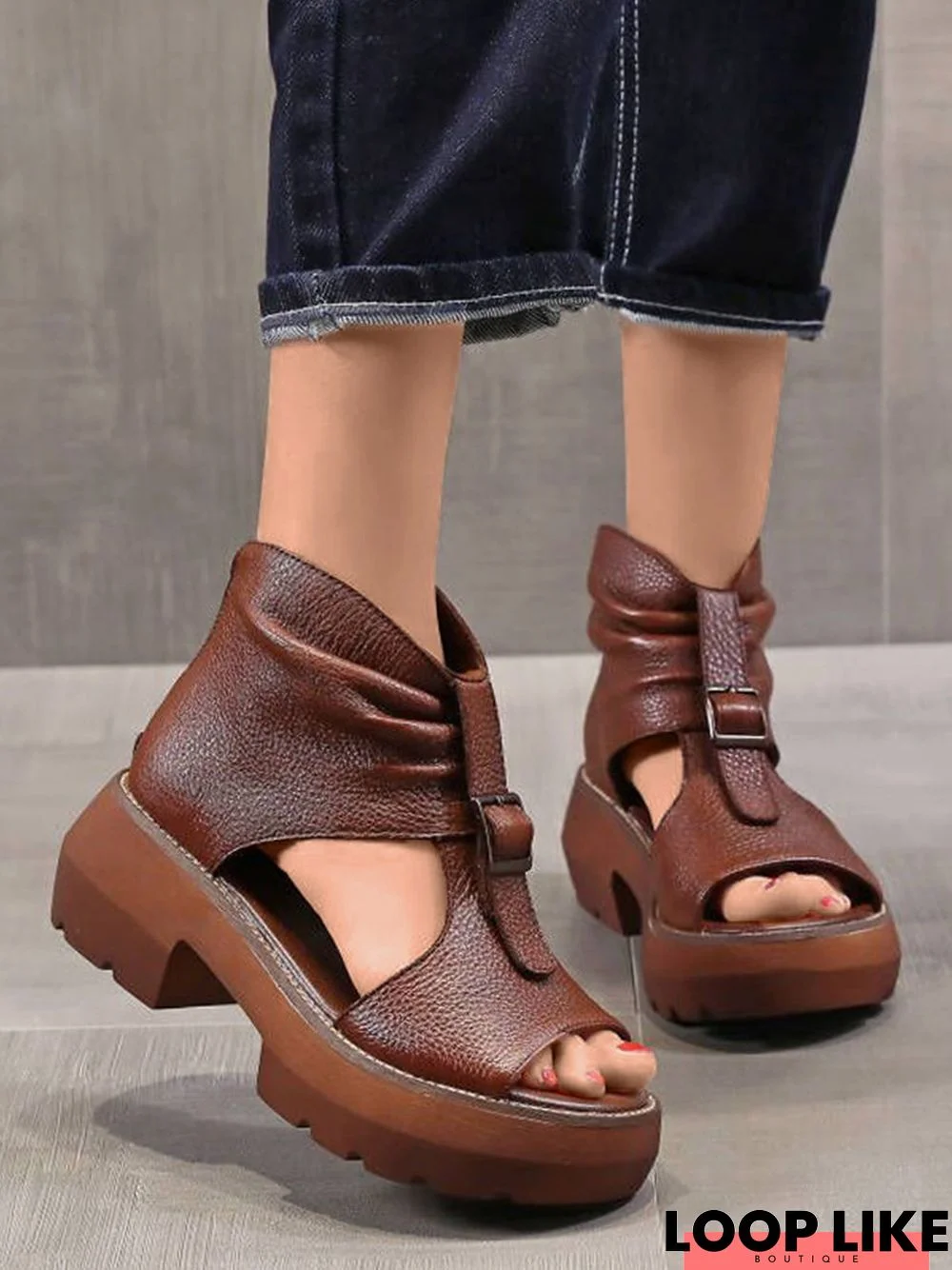 Vintage Distressed Buckle Platform Sandals