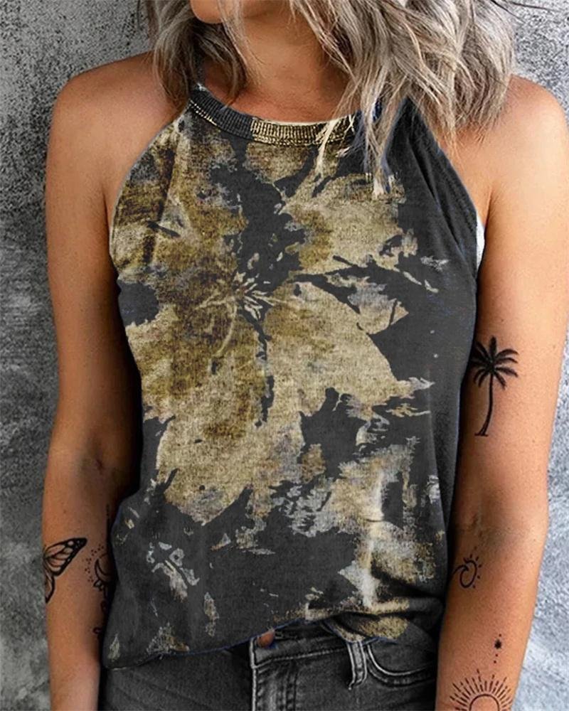 Vintage Print Halter Neck Sleeveless Tank Top