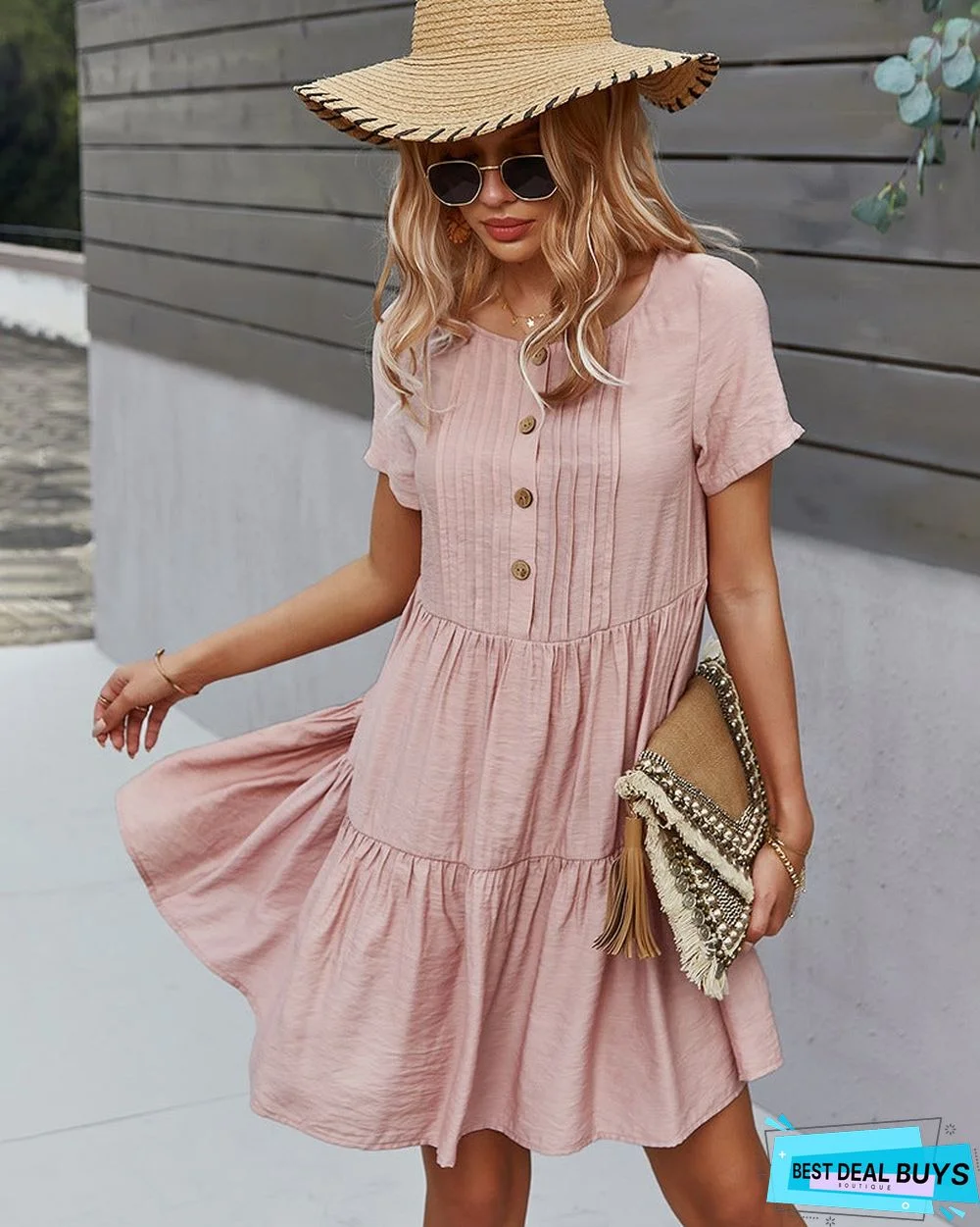 Women's Solid Color Dress Spring and Summer Short Sleeve Cotton Skirt