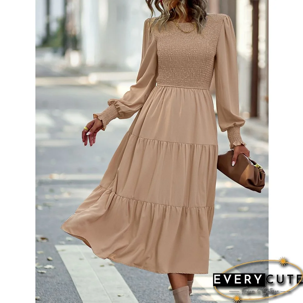 Khaki Crew Neck Smocked Swing Midi Dress