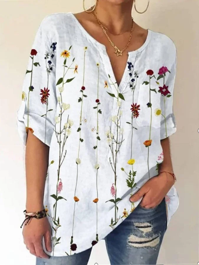 Women's Cotton Fashion Print V-Neck Three-quarter Sleeve Loose Casual Shirt