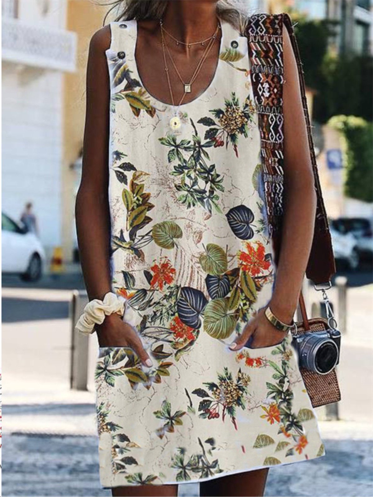 Casual Crew Neck Printed Sleeveless Casual Dresses