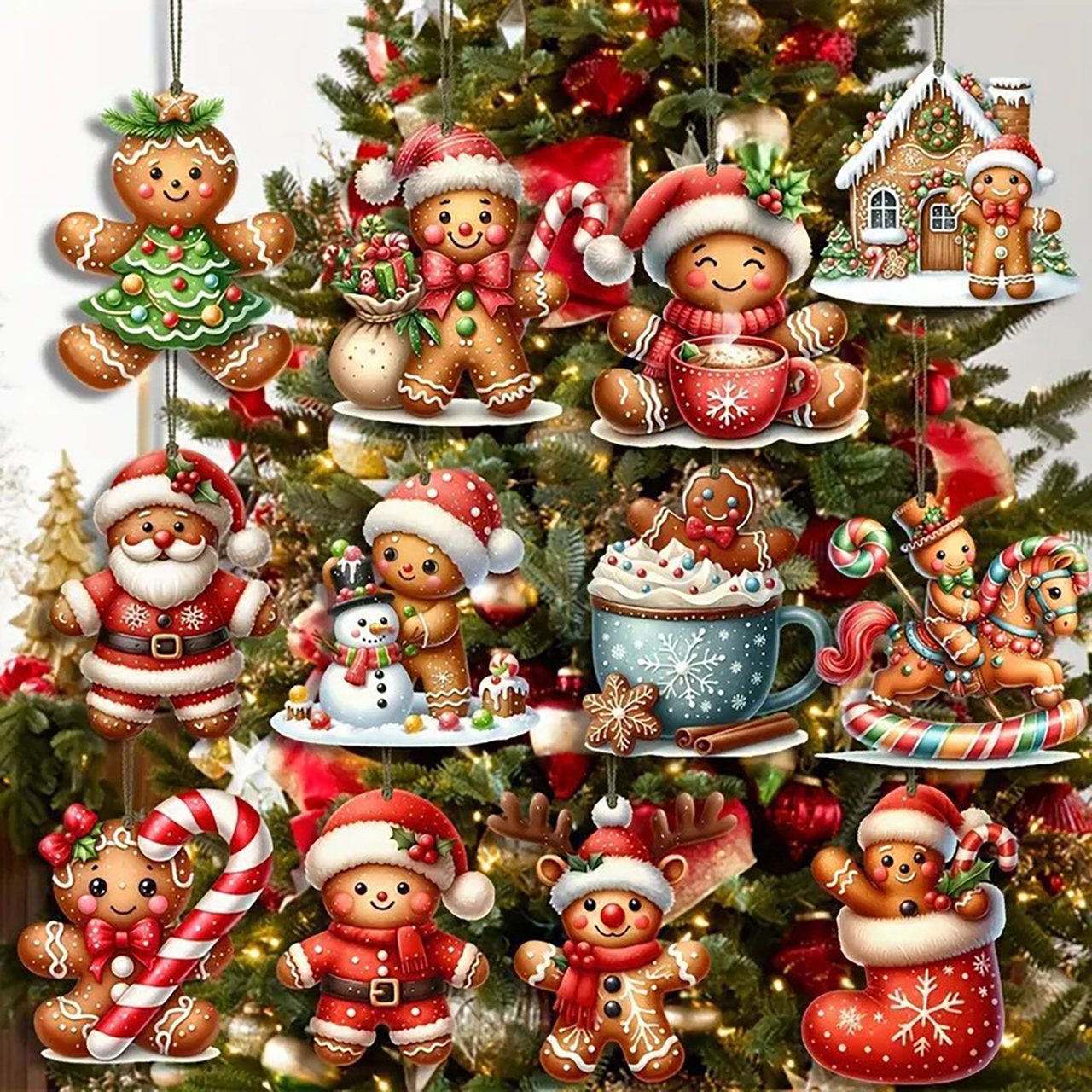 Tegooe 12PCS Gingerbread Man Christmas Character Hangings - PVC Ornament Set