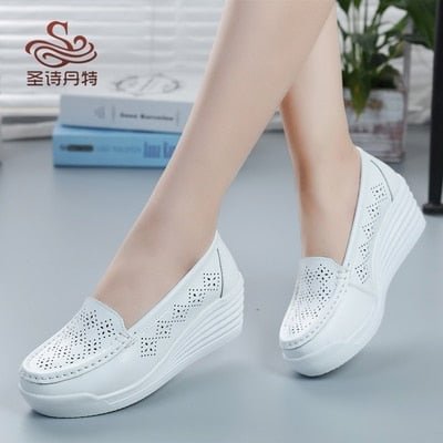 GKTINOO New Women's Genuine Leather Sneakers Platform Shoes Wedges White Lady Casual Shoes Swing mother Shoes Size 34-40