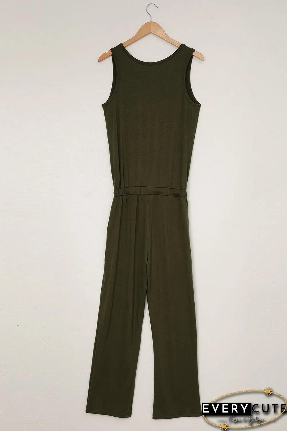 Green Split Neck Drawstring Waist Sleeveless Jumpsuit