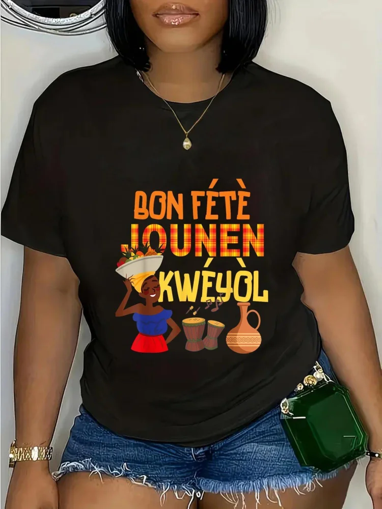 Women's Saint Lucia Dominican Creole Day Kweyol Shirt - Black Heavyweight Crew Neck Short Sleeve With Vibrant Cultural Print, Traditional Patterns & Geometric Designs, Machine Washable Casual Summer Top, Cultural Festival Wear, Festive Attire