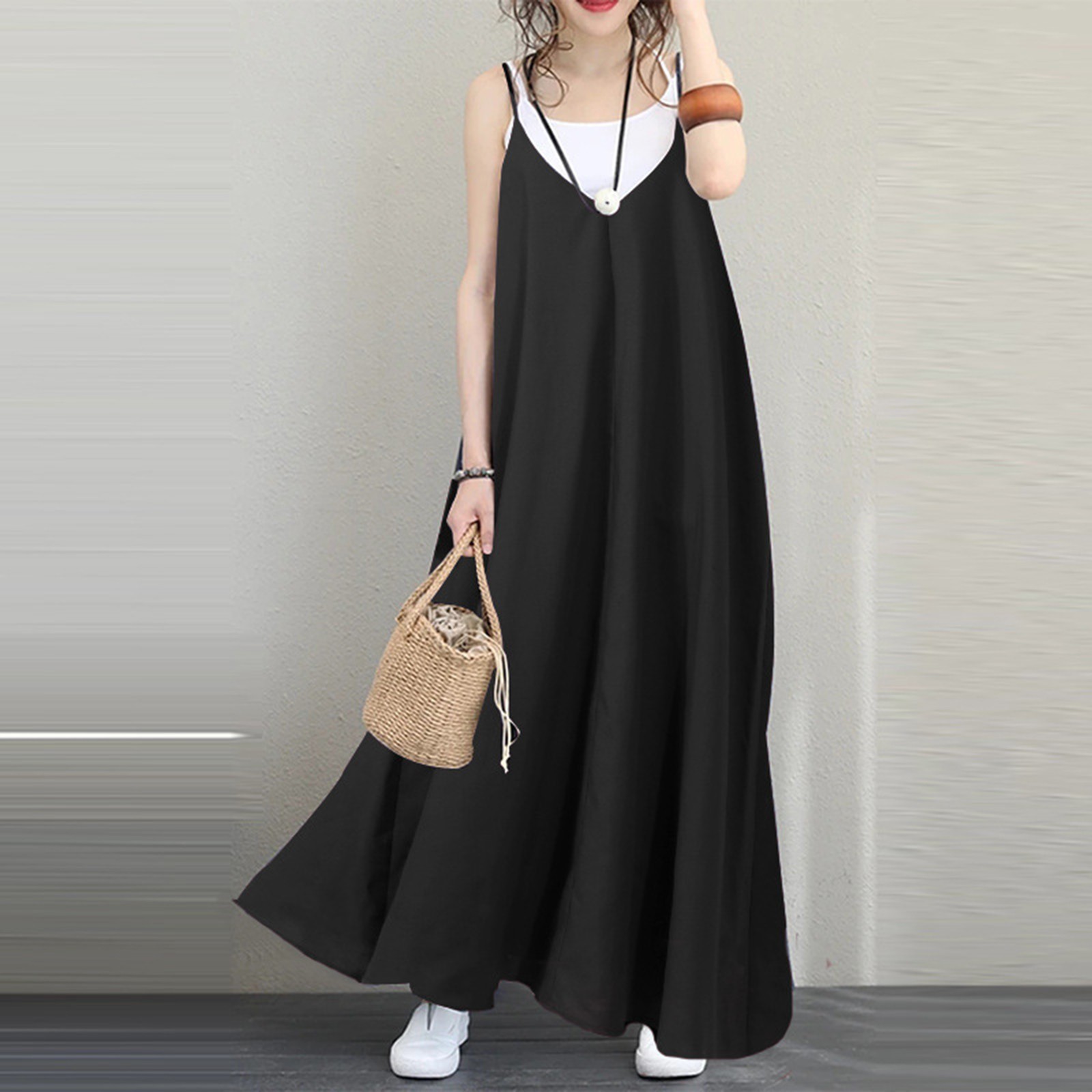Women'S Solid Color Loose Dress Suspender V Neck Backless Sexy Mid Length Dress Comfortable Cotton Plus Size Dresses Casual