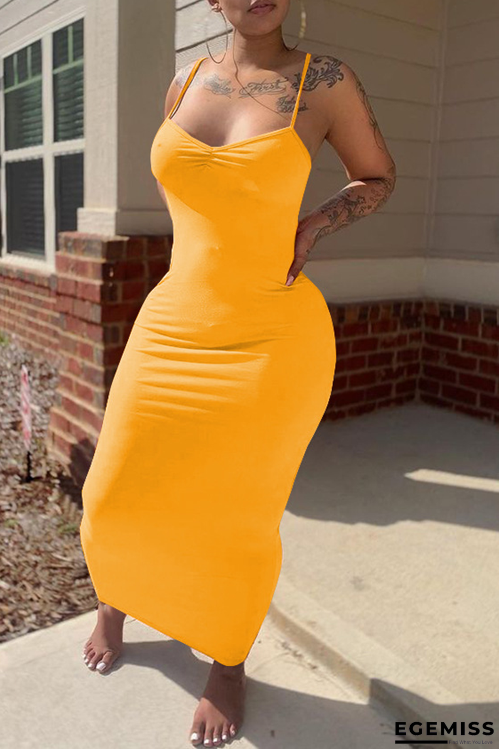 Yellow Sexy Solid Patchwork Spaghetti Strap Pencil Skirt Dresses | EGEMISS