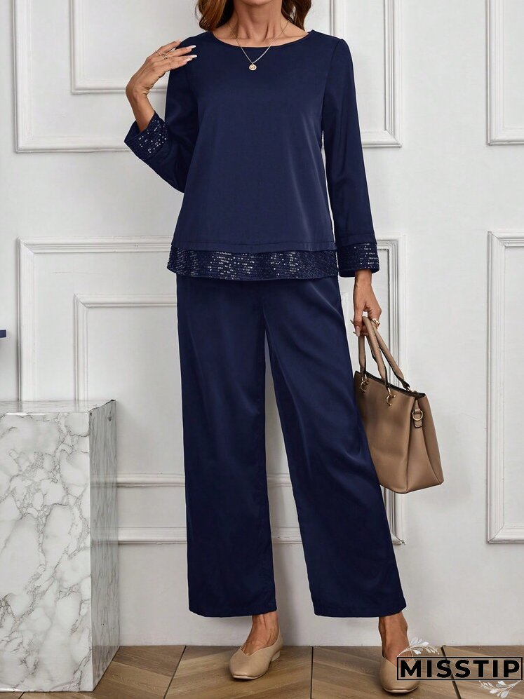 2pcs/Set Women Casual Solid Color Sequin Splice Long Sleeve Top And Pants Set, Autumn
