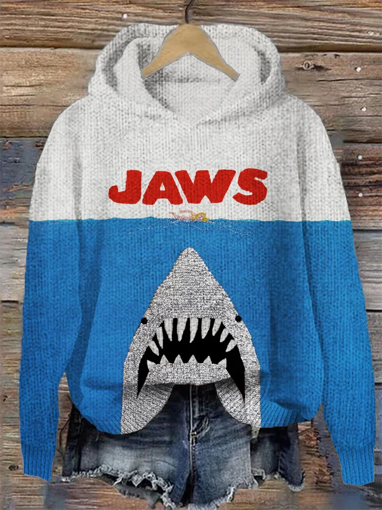 VChics Ocean Killer Shark Jaws Print Cozy Knit Hooded Sweater