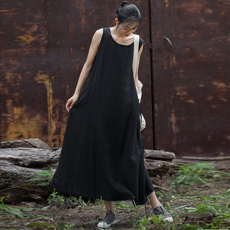 Cotton-Linen Ramie Sleeveless Tie-Waist Dress