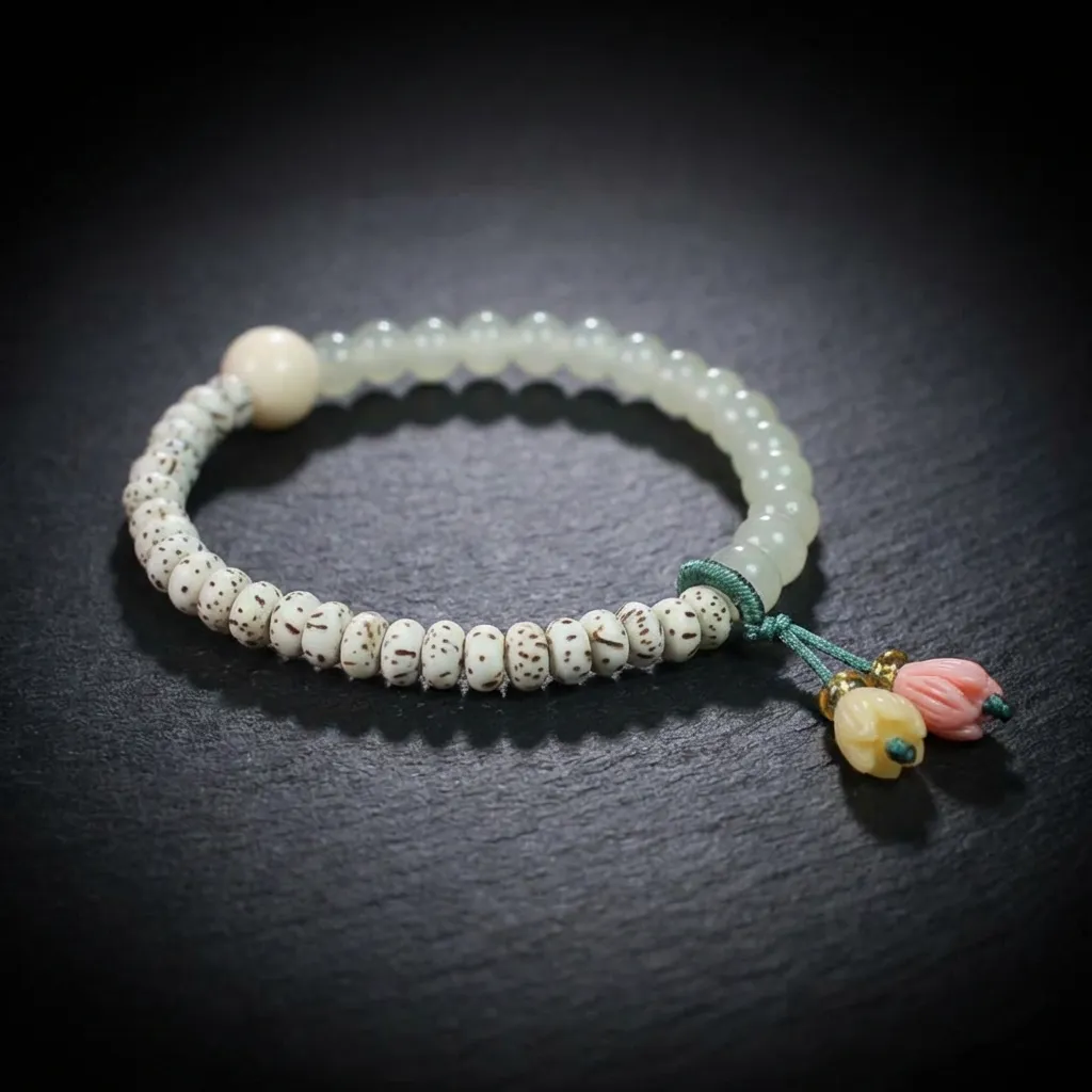 JiStones Ethereal Star & Moon Bodhi Bracelet with Delicate Floral Accents Moonlight White & Earthy Bodhi with Pastel Floral Accents