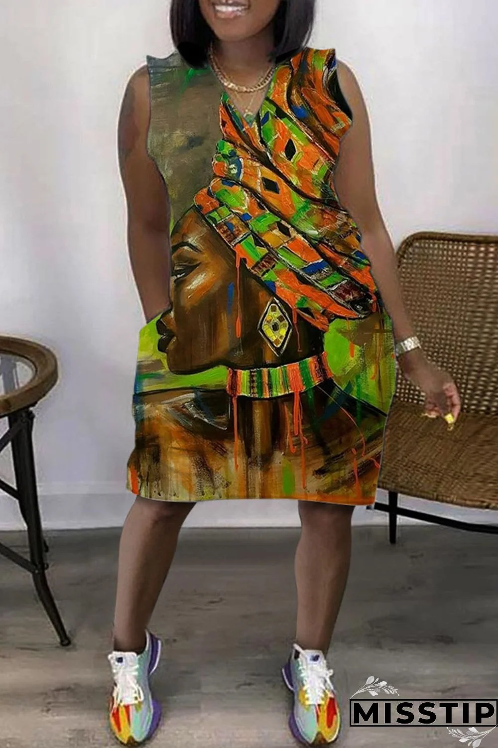 Cyan Casual Print Basic V Neck Sleeveless Dress Dresses