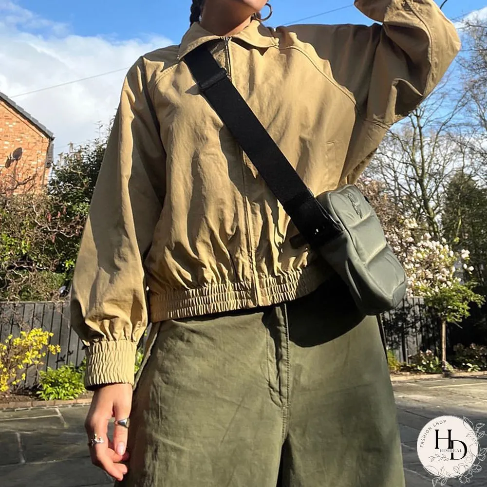 Khaki Jacket Women Grunge Aesthetic Turn Down Collar Long Sleeve Tops Vintage Zipper Coat