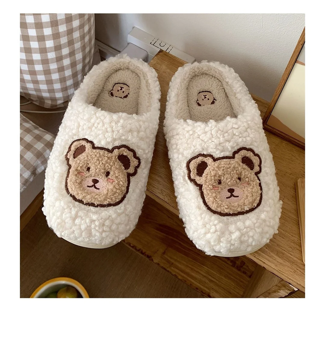 2022 Winter Women Slipper Lovely Bear Cartoon Plush Cotton Home Slippers Female Indoor Household Anti-Skid Thick Bottom Slipper