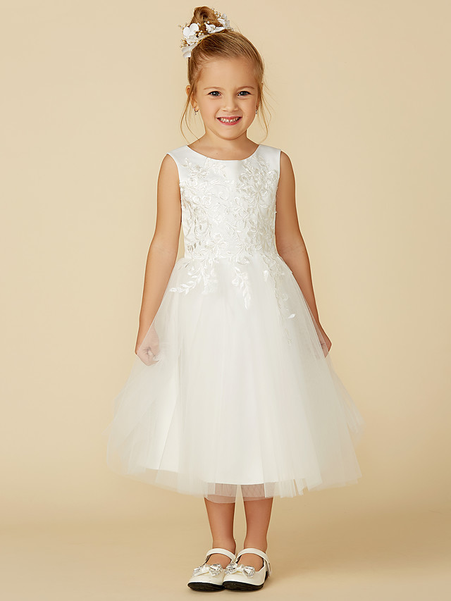 Bellasprom Sleeveless Jewel Neck A-Line Flower Girl Dress Tea Length Lace Tulle With Lace Bellasprom