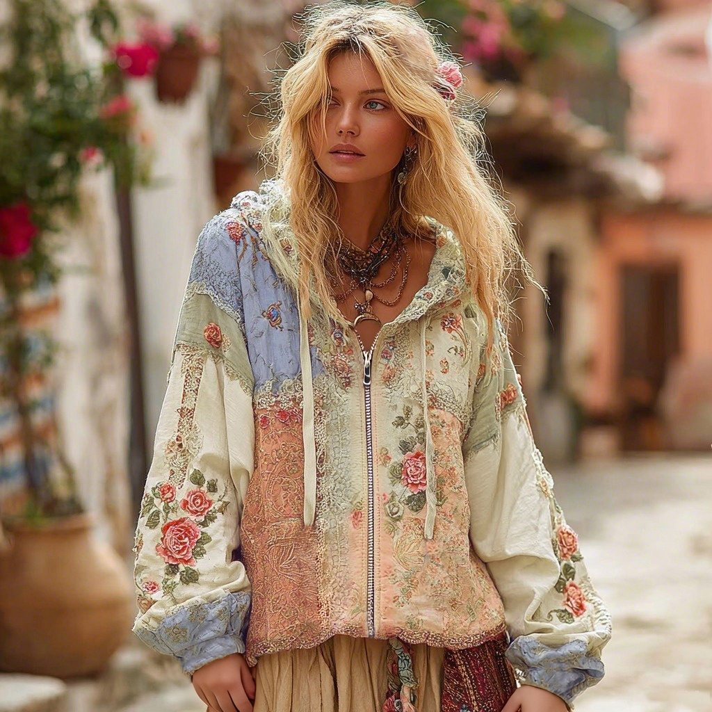 Women's Floral Embroidery Color Block Boho Casual Zip-up Hoodie artswardrobe