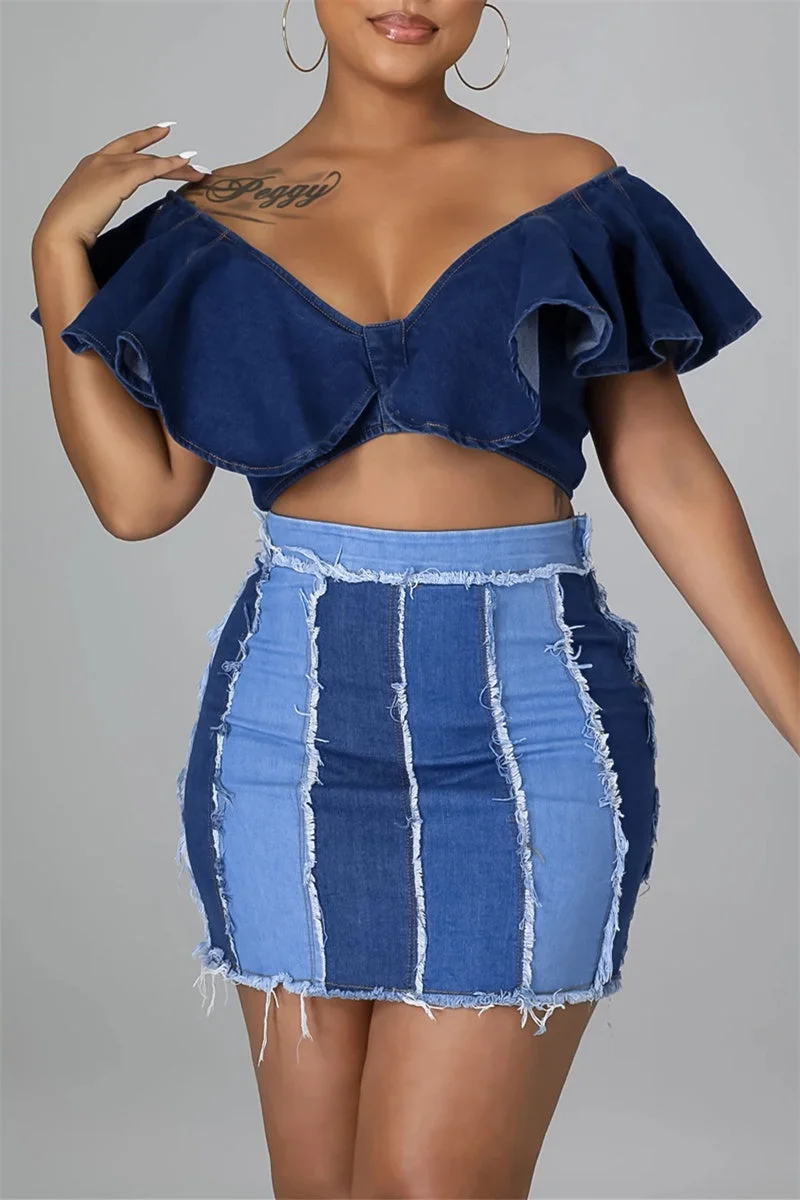 Fashion Casual Patchwork Basic High Waist Skinny Denim Skirts