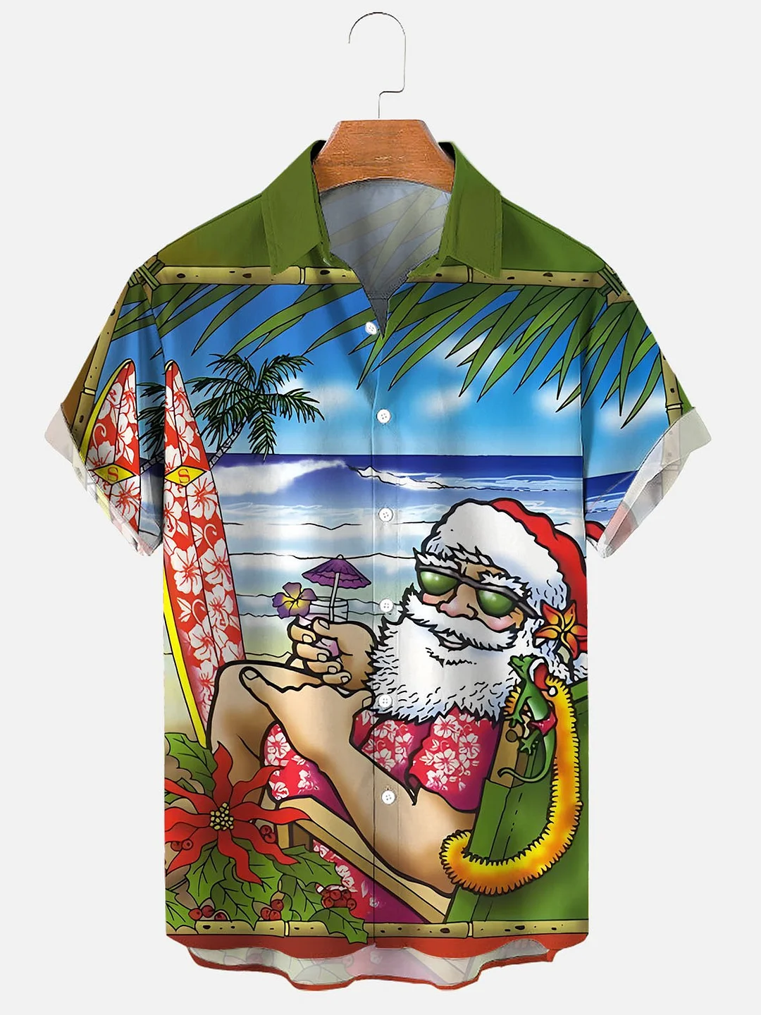Men's Christmas Santa Hawaii Surfing Print Casual Shirt