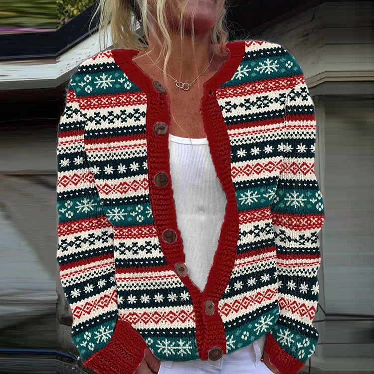 Women's Christmas Knitted Textured Print Cardigan
