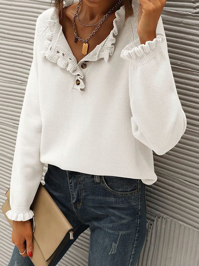 Casual Long Sleeve Button Ruffle Sweater