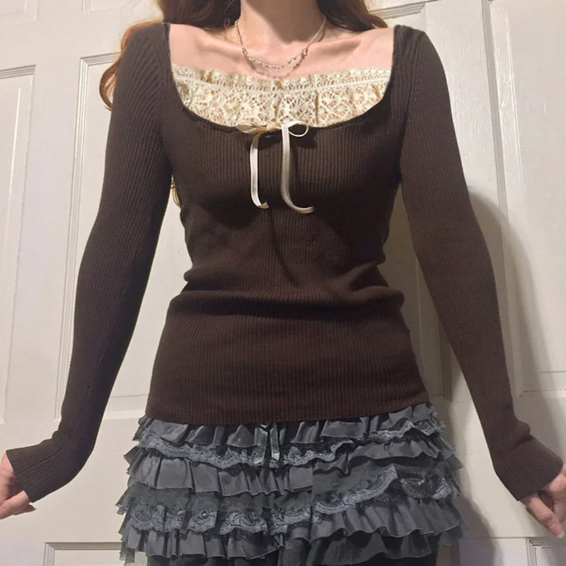 Lace Stitching Slim Bow Square Neck Long Sleeves