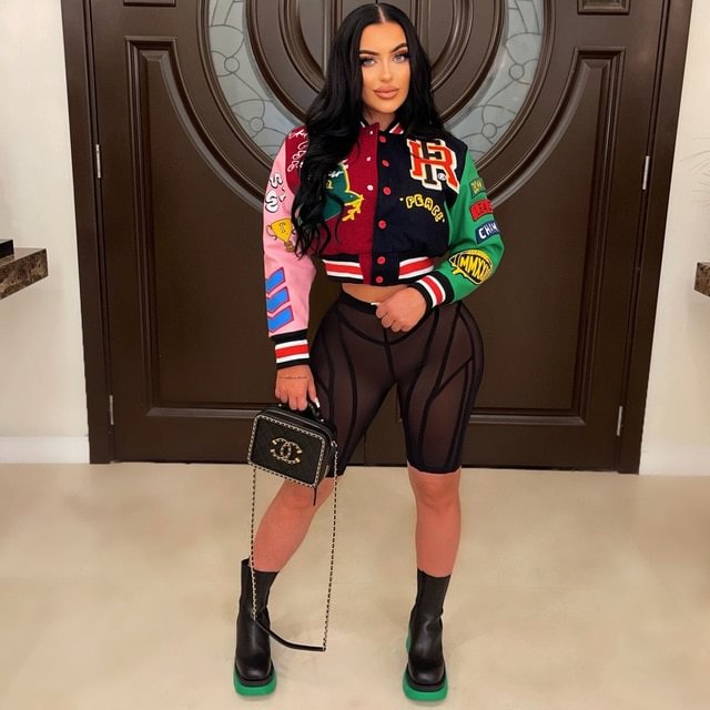 Varsity Print Baseball Jacket Women Crop Cut Y2K Streetwear Racing Bomber Jackets Autumn Coat