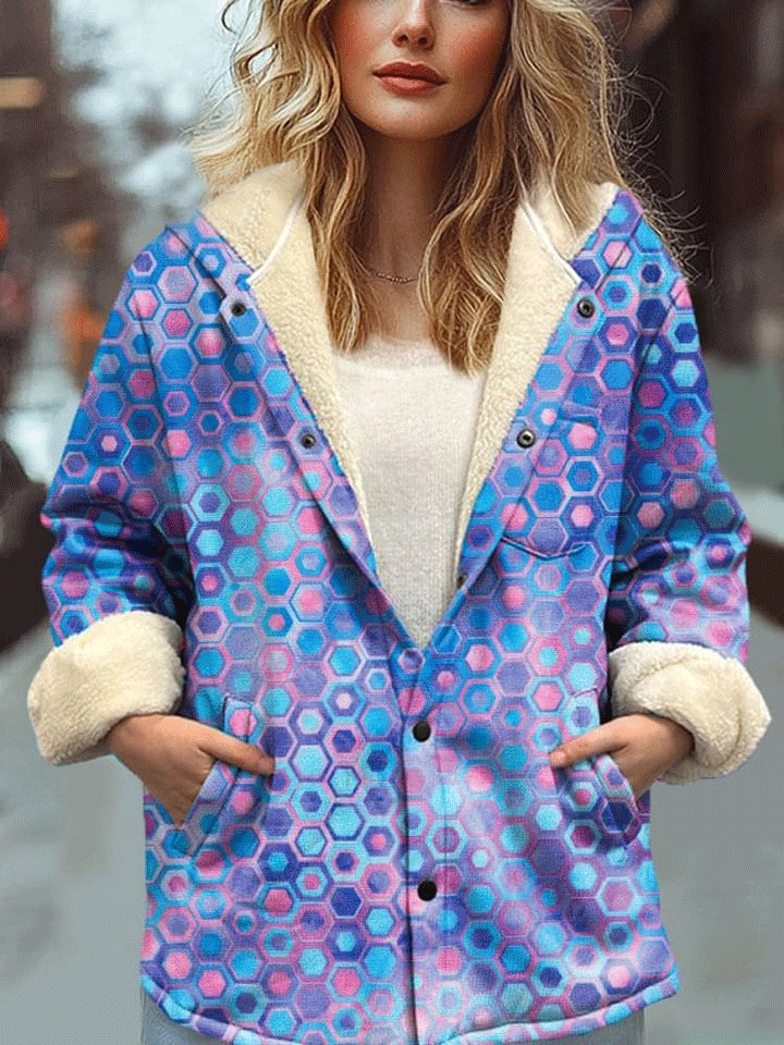 Women's Abstract Geometric Pattern Art Print Waffle Plush Thick Long-Sleeved Hooded Coat
