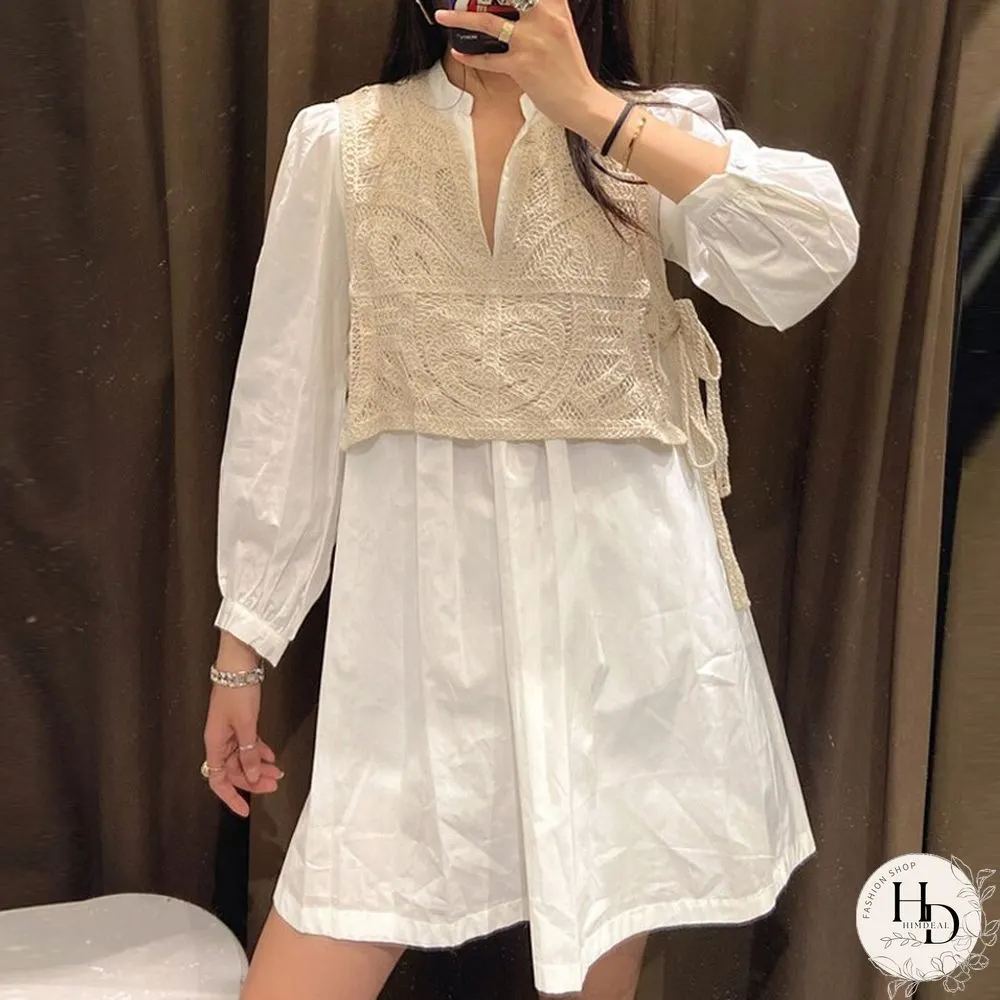 Summer New Women Fake Two Knit Patchwork Shirt Mini Dress Sexy V-Neck Long Sleeve Casual