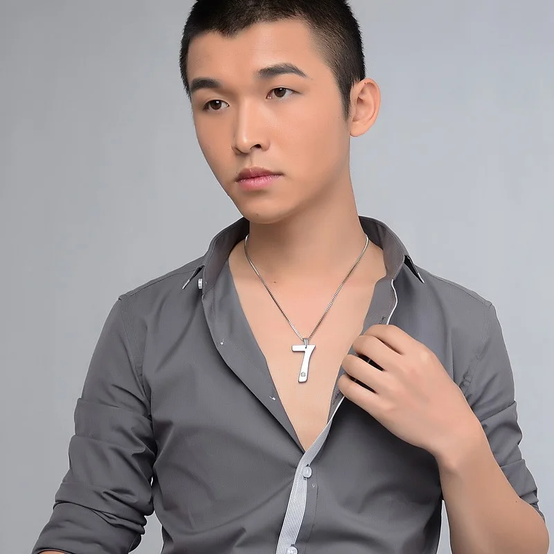Women's Or Men's New Fashion Number Seven CZ Stone Inlay High Polished Tungsten Pendants Stainless Steel Chain Necklace for Jewelry Gifts For Mens And Womens