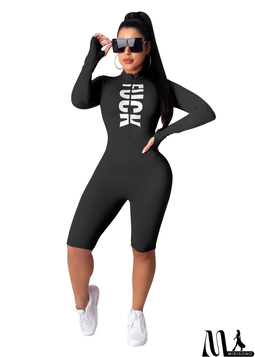 MidiSono - Sports Fitness Long Sleeve Print Letter Bodycon Rompers